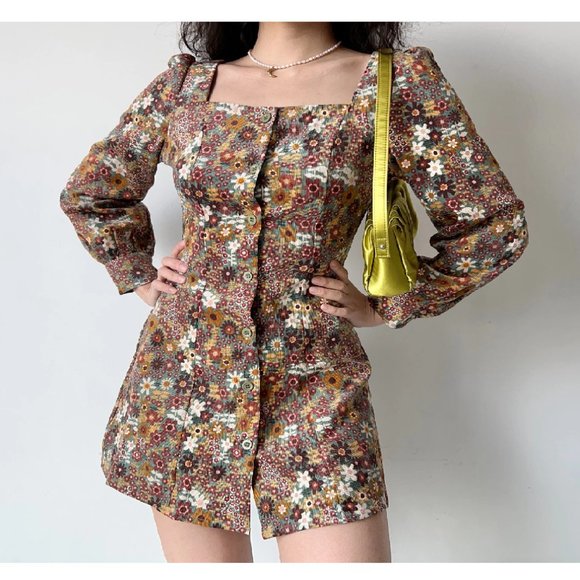 NWT Cider Woman's Retro Quilt Corduroy Floral Mini Dress Sz L - Picture 6 of 11